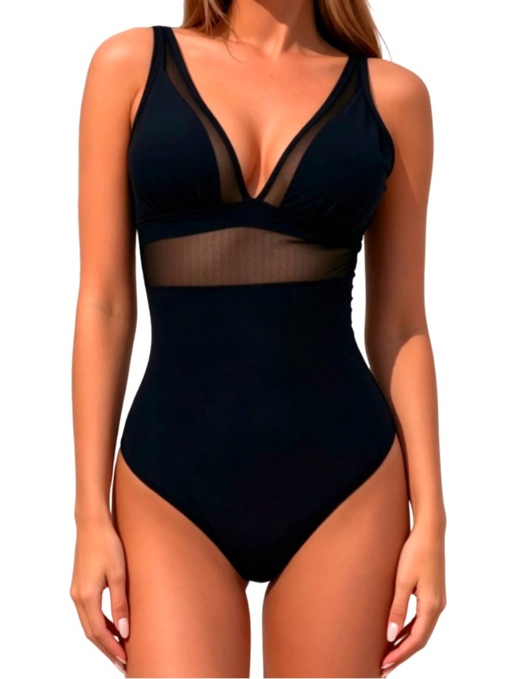 Classic Black One-Piece V Neck Swimwear with Mesh Inset L